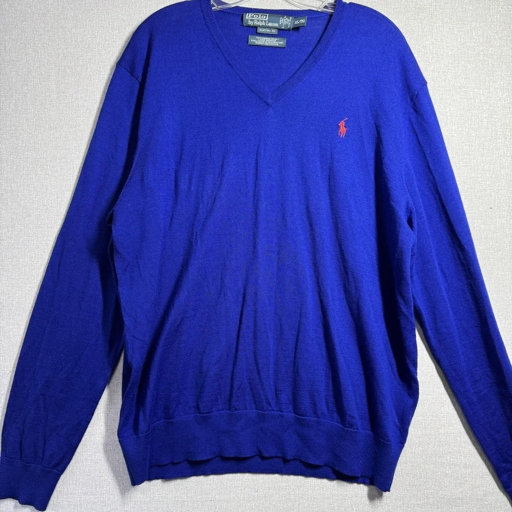 Polo Ralph Lauren Sweater Mens XL‎ Blue V Neck 100% Merino Wool Pullover Knit